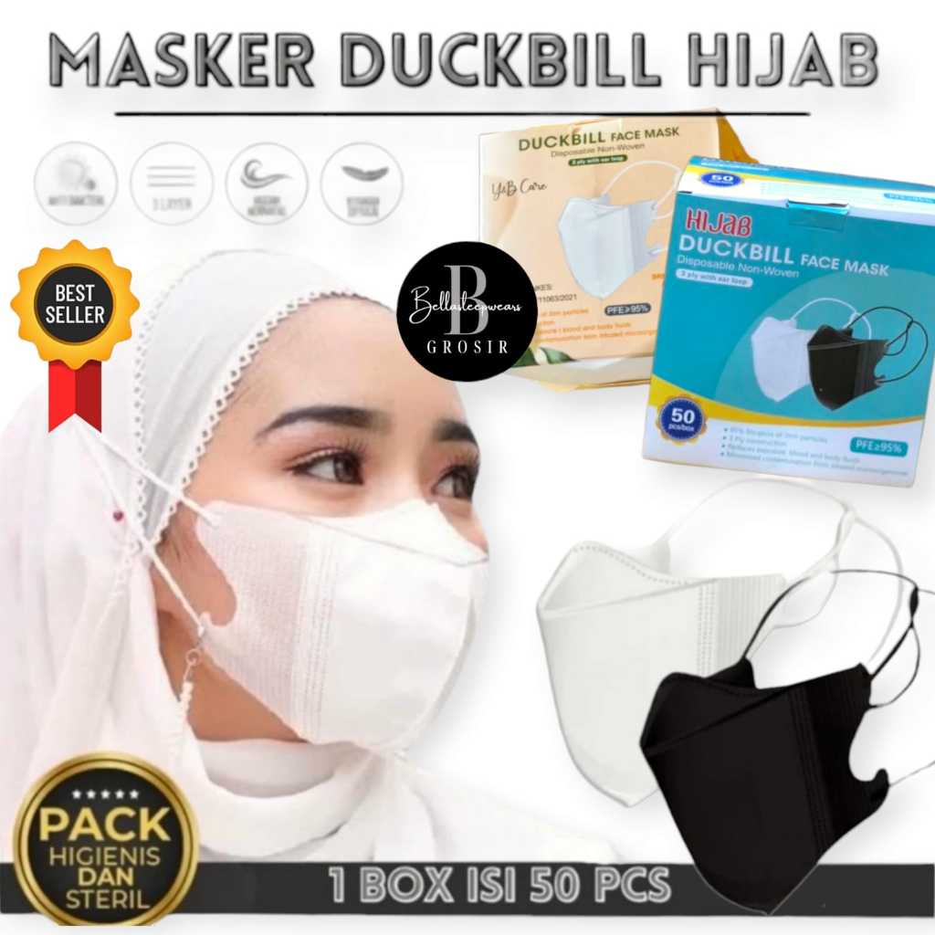 BELLA | MURAH MASKER DUCKBILL FACE MASK / YNB HIJAB HEADLOOP 3PLY GARIS PUTIH & HITAM - FACE MASK
