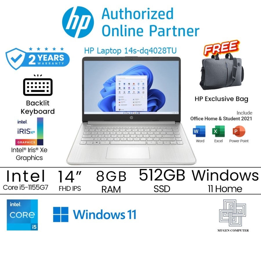 HP Laptop 14s-dq4028TU Core i5-1155G7 ram 8GB ssd 512GB 14" FHD W11 OHS