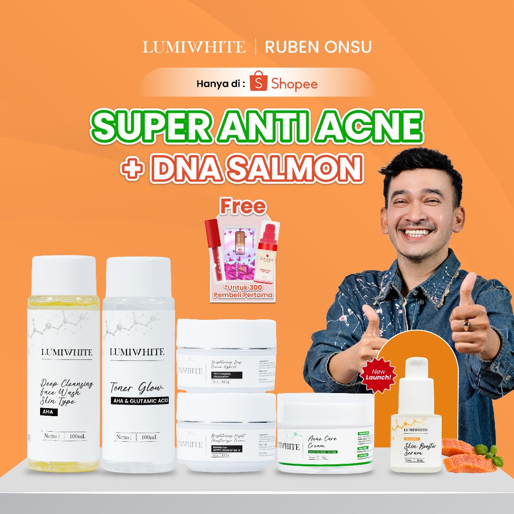 Lumiwhite x Ruben Onsu Super Acne Paket Series + Serum DNA Salmon (1 Baby Gold + 1 Parfum 3ml)