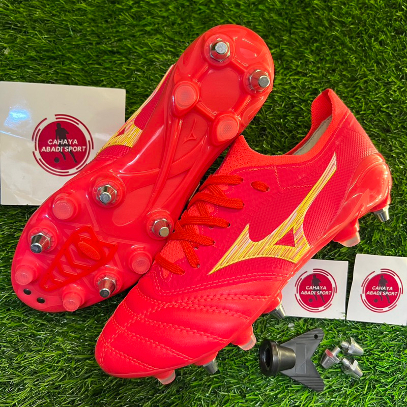 ( BISA COD ) SEPATU BOLA MIZUNO MORELIA NEO BETA 4 ANTICLOG FIERY CORAL SG SPUL BESI