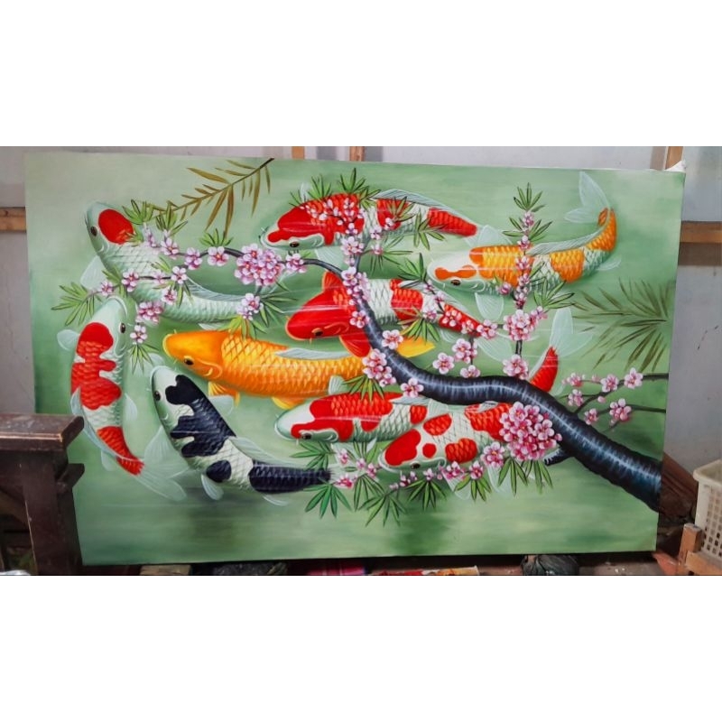 lukisan ikan koi oil on kanvas ukuran 135x85cm