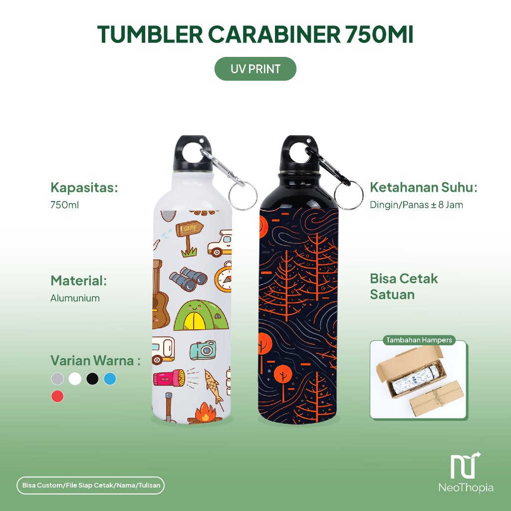 Tumbler Custom Botol Sport Sepeda Carabiner 750ml Cetak UV Print Nama Logo Souvenir Promosi