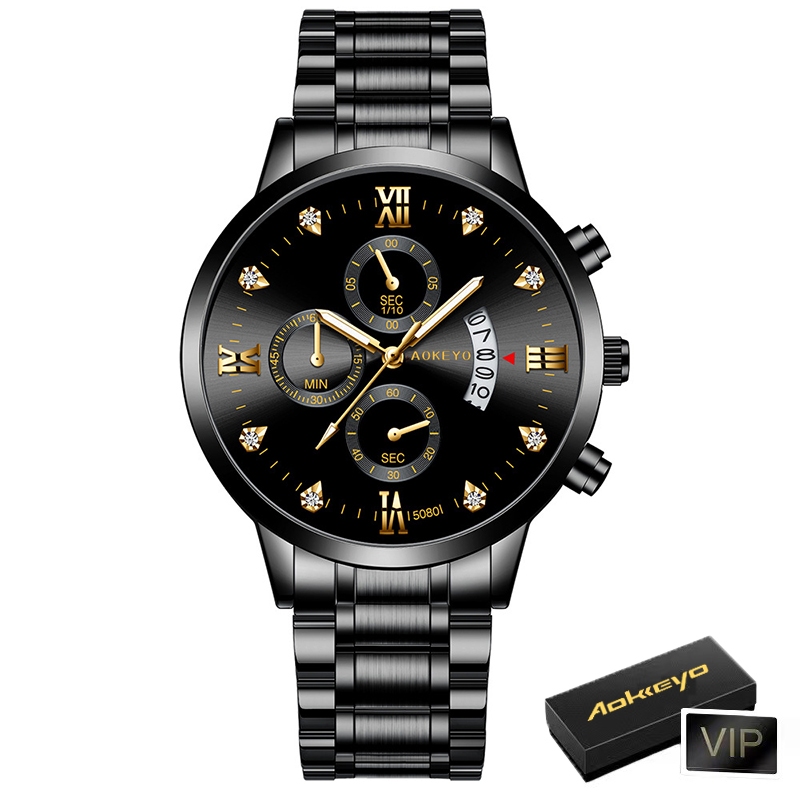 【TERMURAH】AOKEYO 5080 Jam Tangan Pria Anti Air Original Luxury Stainless Steel （Free BOX+Kartu Garansi）-Black-AC1