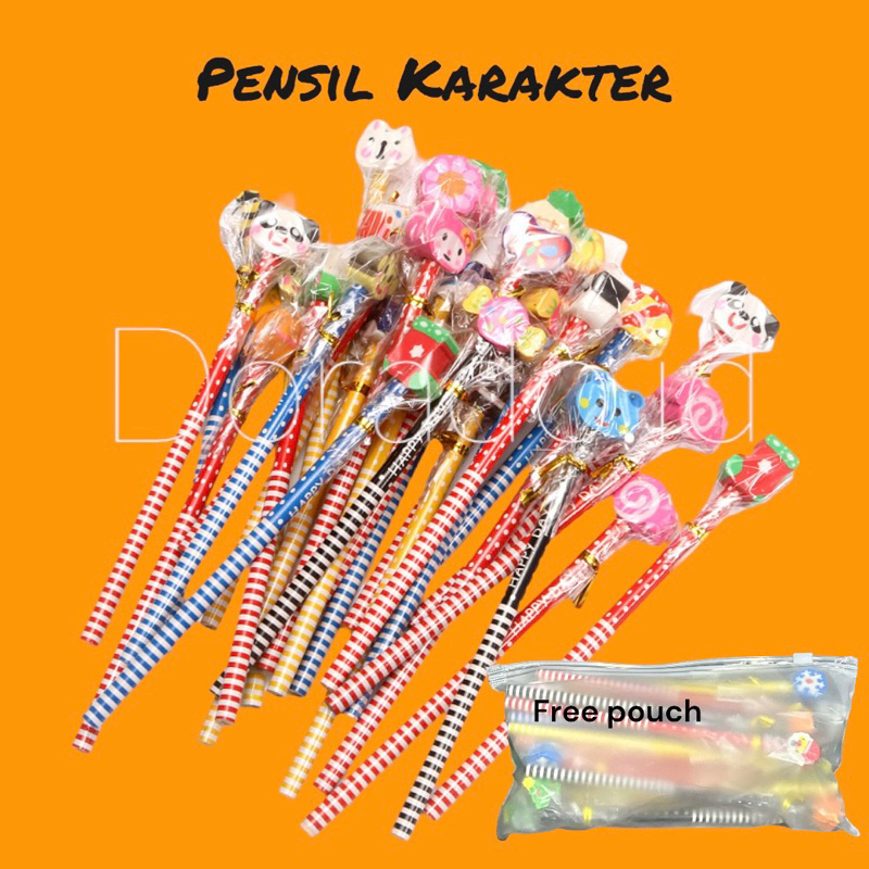 

15 pcs Pensil dan Penghapus Karakter free pouch