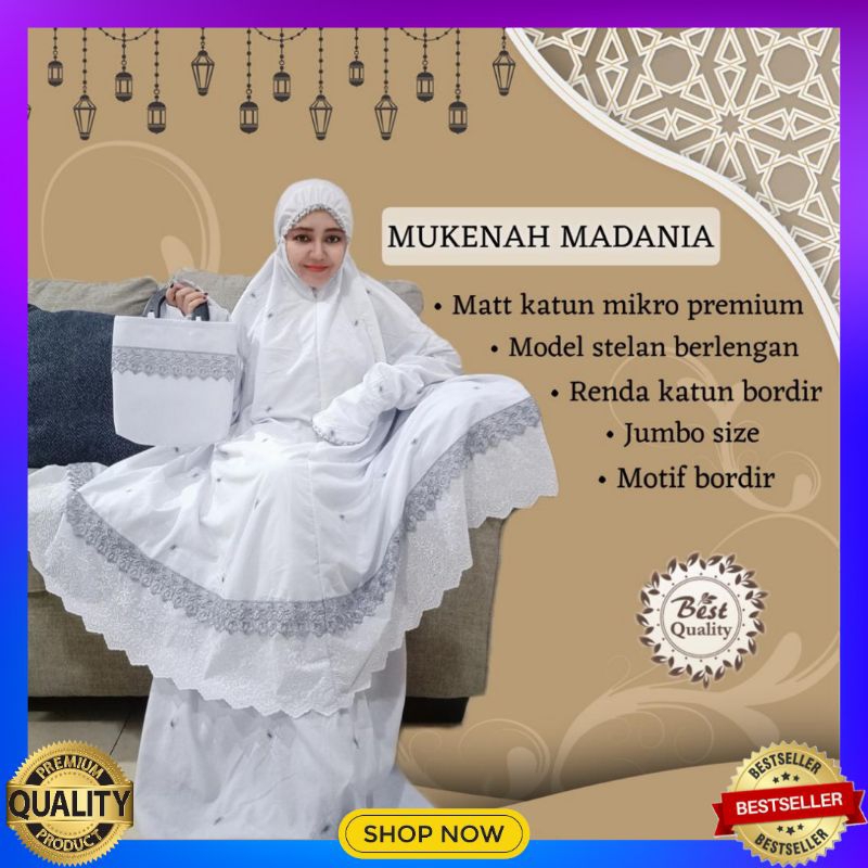 Mukena Madania Katun Mikro Premium Renda Katun Bordir Atas Bawah Berlengan/Potongan Berlengan/Setela