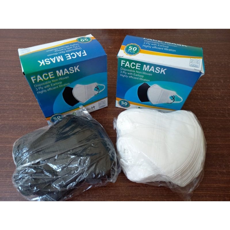Masker duckbill 1 dos isi 50pc warna hitam dan putih, masker earloop