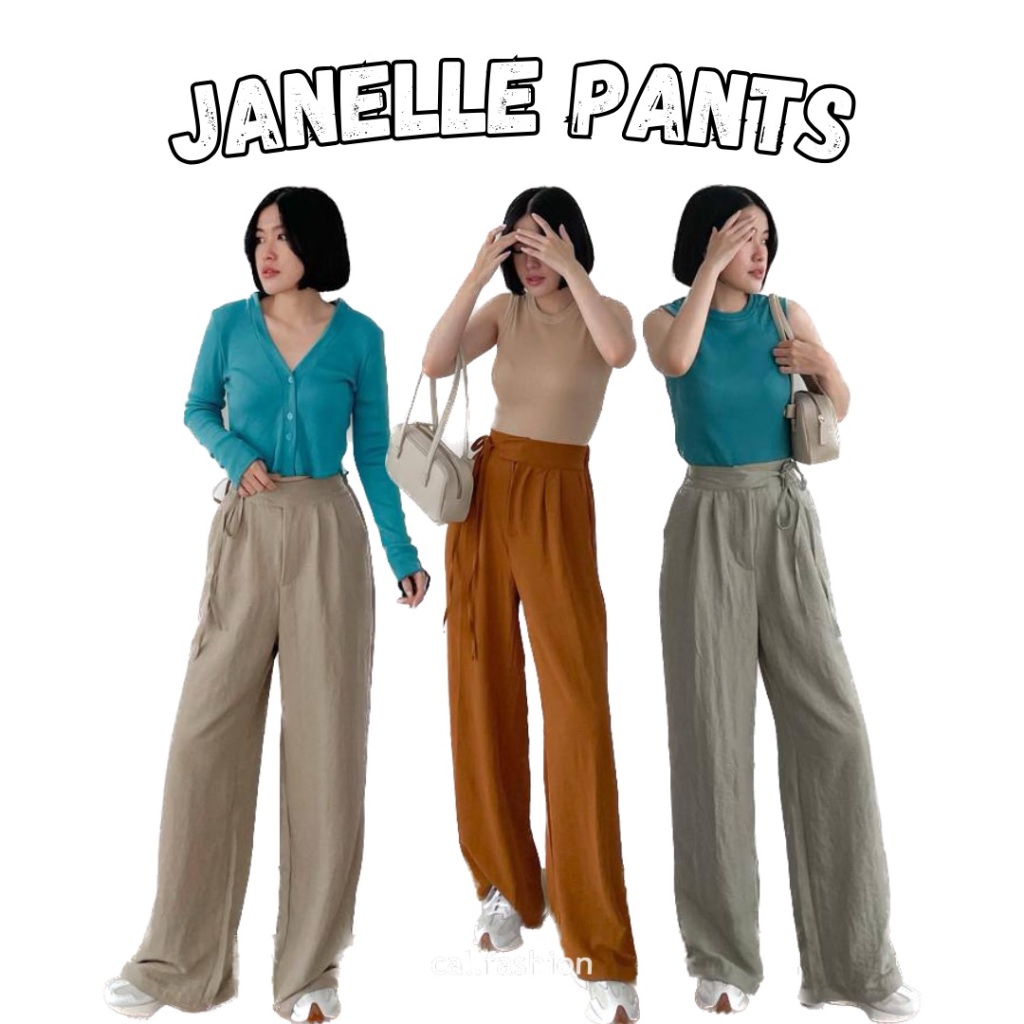 Bisa COD Janelle Pants by cal fashion Bahan Polyester Crinkle Warna Black Wite Ivory Cana GreyBlue C