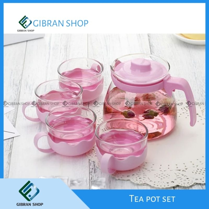 Tea Pot Set Kaca 5 in 1 Dengan Saringan