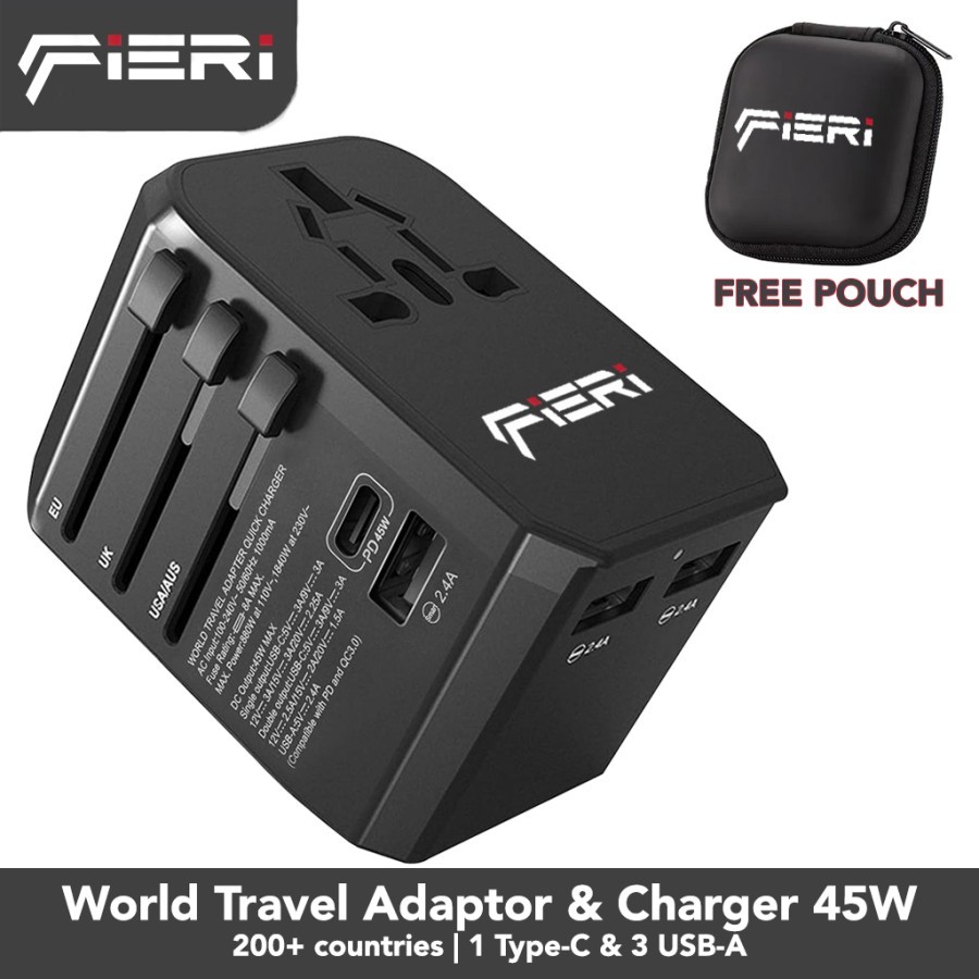 Fieri World Universal Travel Adaptor Charger 45W XI2 Type C & 3 USB A