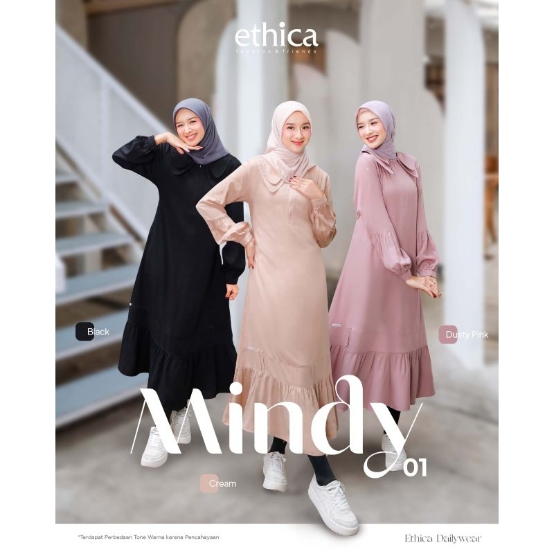 Ethica Midi Dress Baju Muslim Wanita Gamis Daily Mindy 01 Black Cream dan Dusty pink