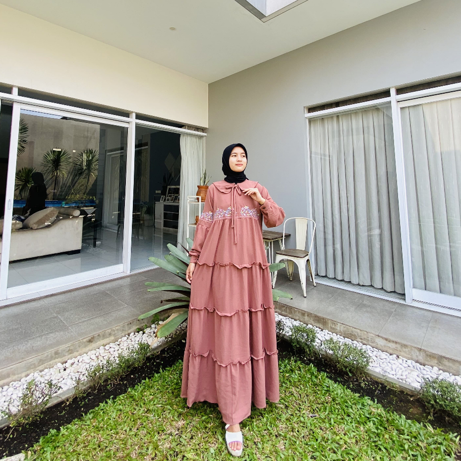 DRESS RAISA CRINKEL AIRFLOW BORDIR GAMIS WANITA ELEGAN FASHION MuslimAH KEKINIAN GAUN MEWAH KONDANGA