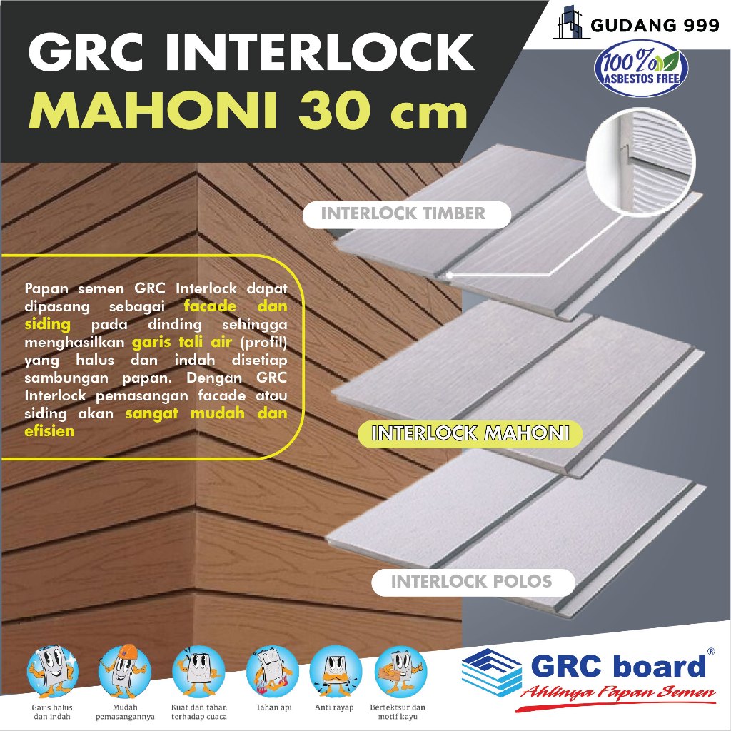 GRC Mahoni Interlock 30 cm / Wall Sliding / Dinding Urat Kayu Tali Air