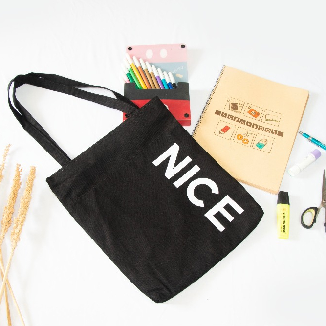 Arunika.jp Naisu Tote Bag Kanvas Hitam Simple Penutup Resleting