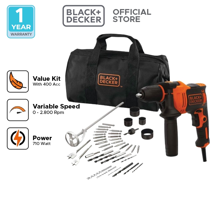 Black+Decker Impact Drill Kit / Bor Impact Listrik Set 710W 40Acc + Softbag BEH710SA40-QS