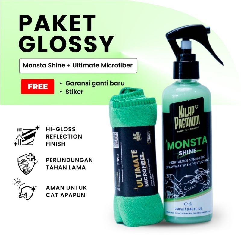 Paket Glossy (Monsta Shine 250ml + Ultimate Microfiber 400GSM) | Kilap Premium - Pengkilap
