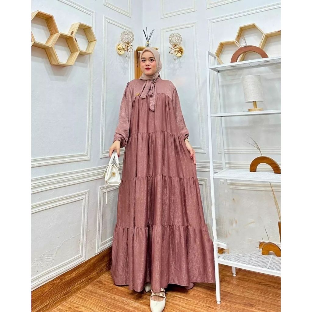 Claudya Dress Shimmer Wanita Terbaru 2023 / Dress Shimmer Polos Busui Resleting Depan Aksen Tali Leh