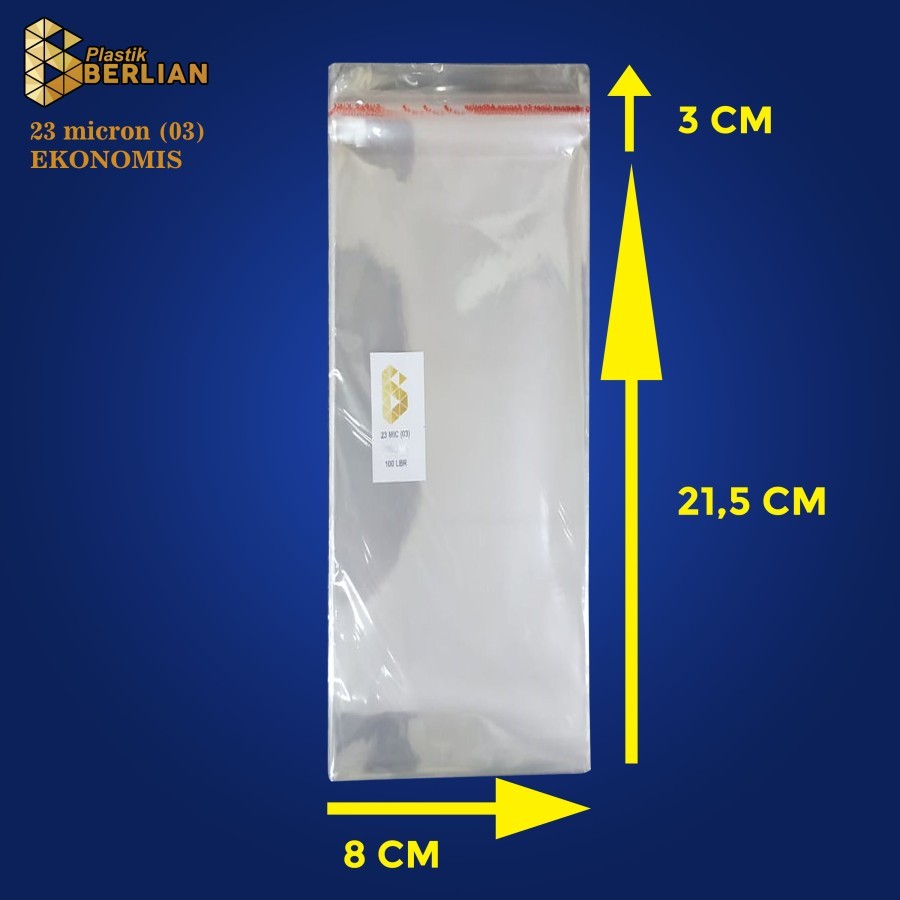 

8 x 21,5cm Plastik OPP EKONOMIS 23micron (100 lbr) (lem/seal)