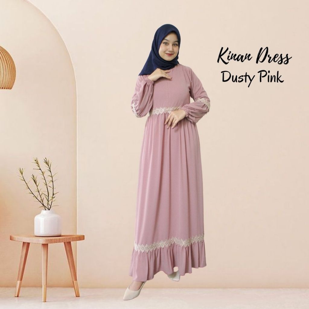 Gamis Ceruti Babydoll Kinan LD 100 Premium Polos Renda Bunga Full Furing Resleting Busui Friendly Pu