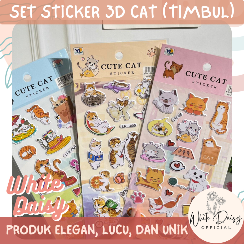 

Set sticker 3D cute cat premium kucing manis timbul unik lucu imut