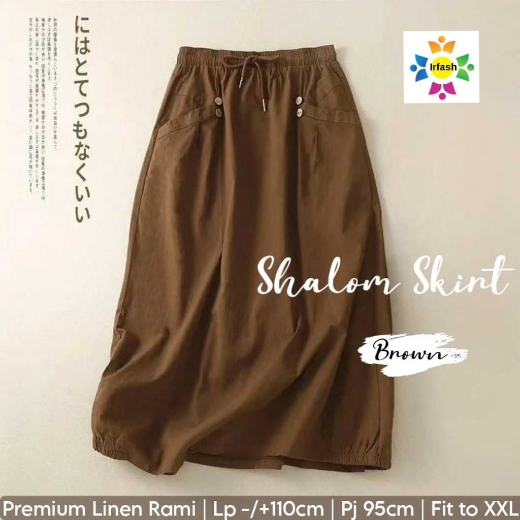 shalom-brown skirt rok linen lp 110  pakaian baju bawahan polos casual panjang pinggang karet korean