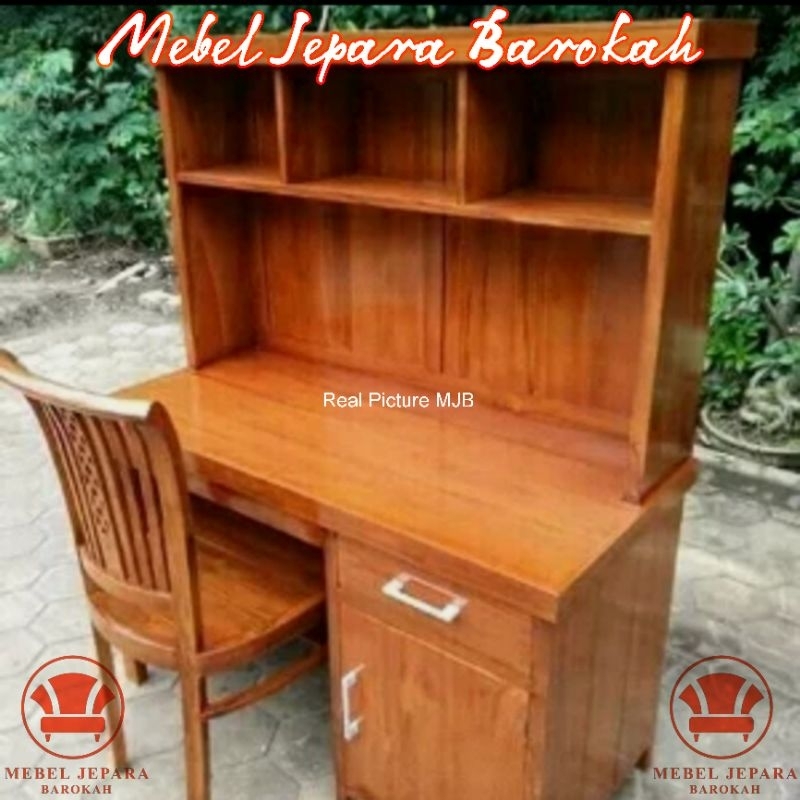 Meja Belajar Meja Kerja Retro Kayu Jati Workdesk Minimalis 1 Laci Rak Buku Serbaguna