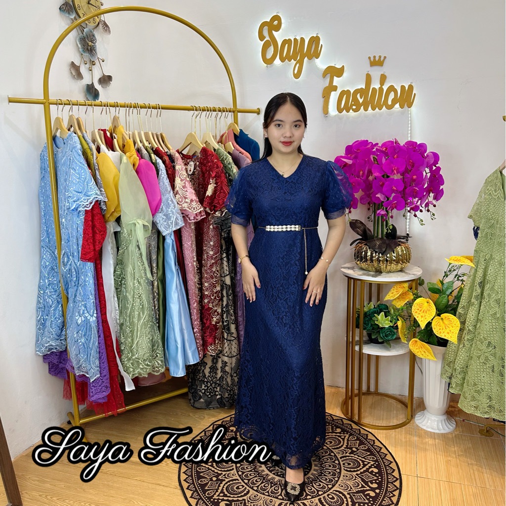 LongDress Brukat Polos Navy FREE Belt Gaun Maxi Pesta Mewah 20010