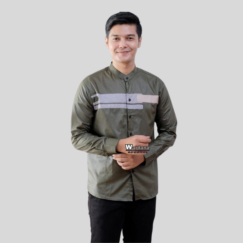 Baju Koko Pria Lengan Panjang Warna Hijau Olive Motif Yordan Elrumi