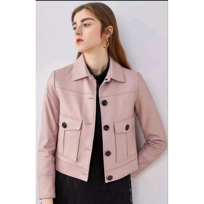 jaket kulit wanita crop korea style murah kulit sintetis pink