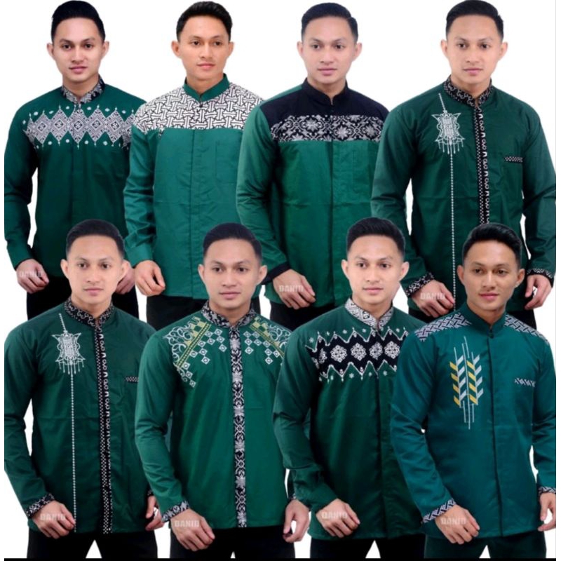 Baju Koko Muslim Pria Hijau Botol Terbaru 2021 Baju Koko Bordir Kombinasi Batik Lengan Panjang Kemej
