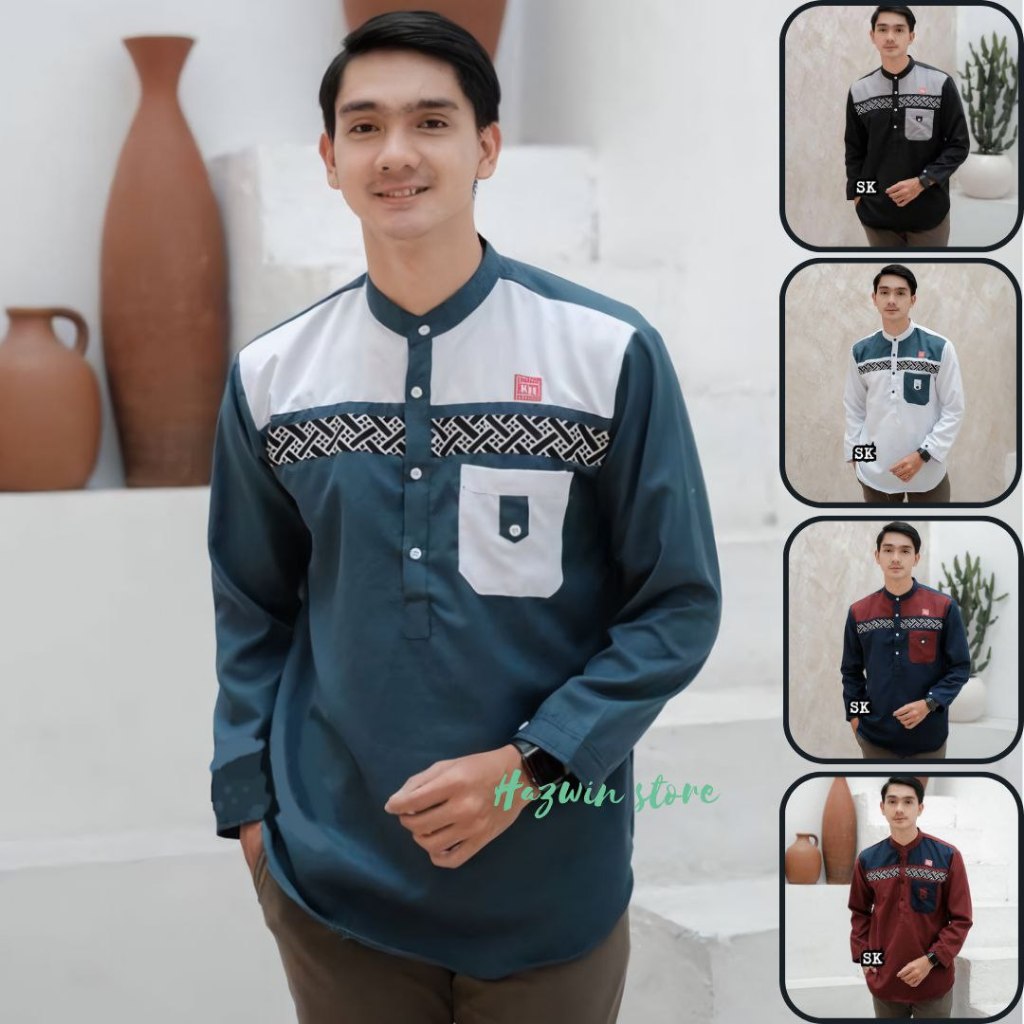 Koko Pria Lengan Panjang Kombinasi Batik Motif Batako Putih
