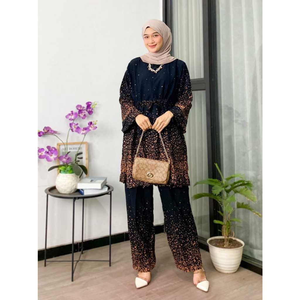 One Set Rayon - Set Wanita Tieyde Tunik LD 120 Motif Batik Semprot Blirik Busui Rayon Premium