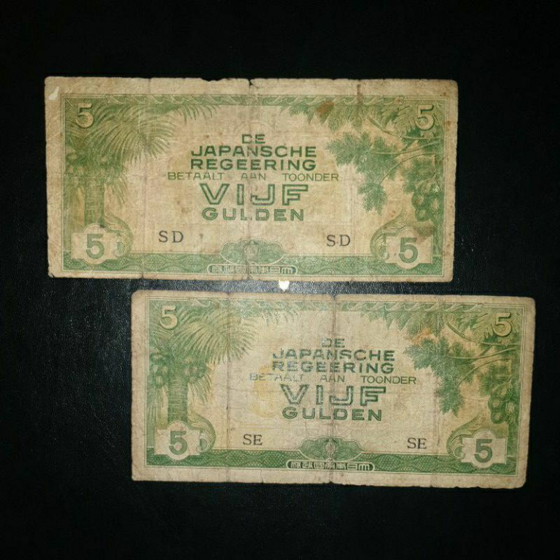 Uang Kuno 5 Gulden DJR (De Japansche Regeering) Uang Penjajahan Belanda Blok SD dan SE
