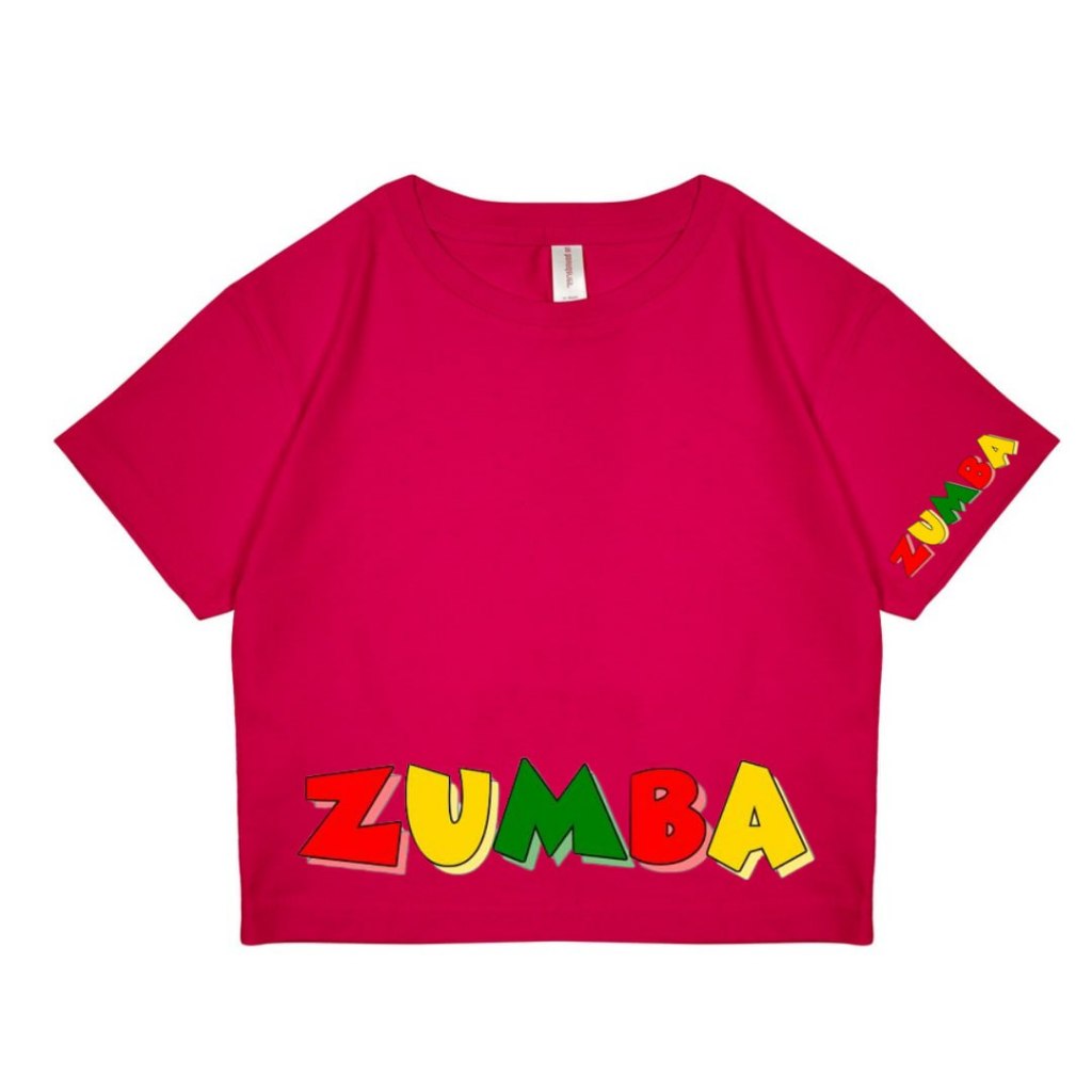 May Clothing Kaos Crop Top ZUMBA PELANGI Dewasa Warna Hitam Merah Hijau Neon Bahan Katun