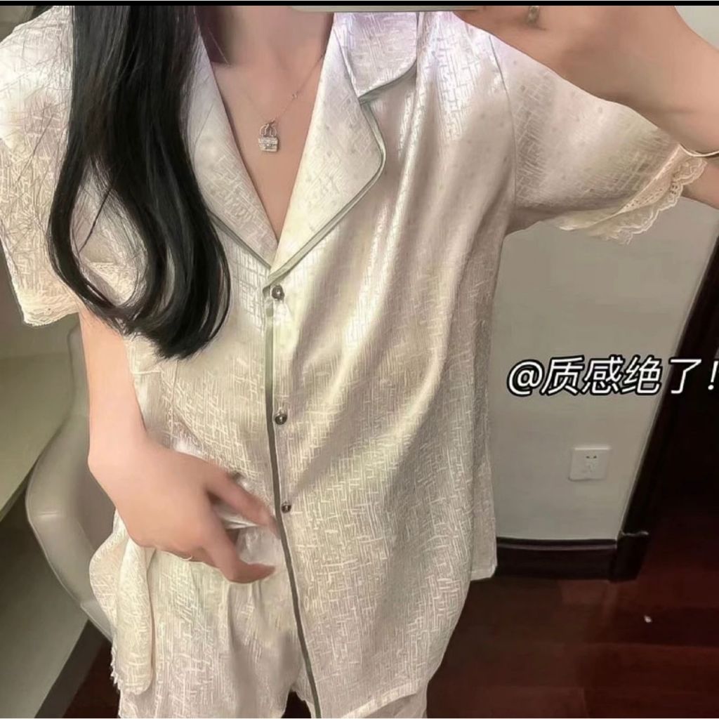 Piyama Sutra Untuk Wanita / Piyama Sutra Setelan Renda Polkadot/ Celana Penedk Lengan Pendek / baju 