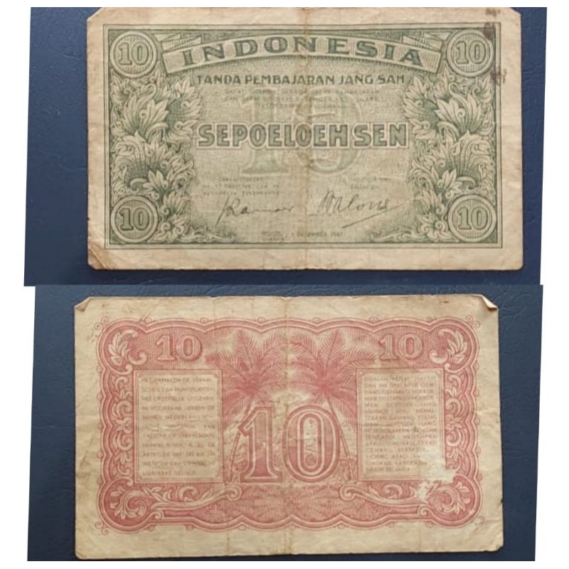 Uang Asing Kuno Indonesia 10 Sen Federal 1947 Original 100% AXF Kertas Utuh masih Renyah