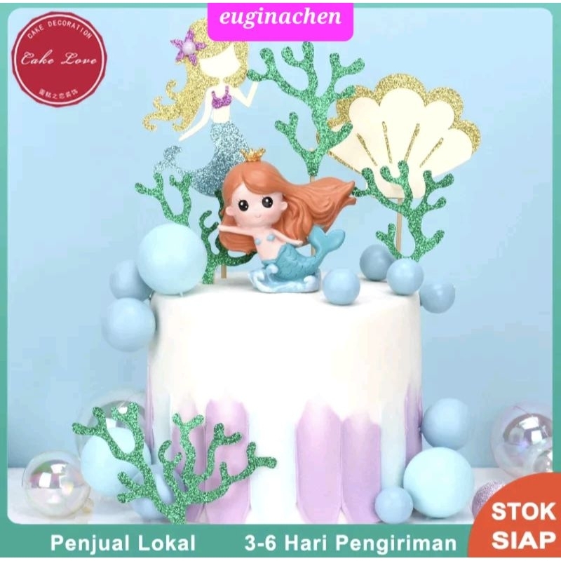 

dekorasi hiasan kue ulang tahun putri duyung mermaid