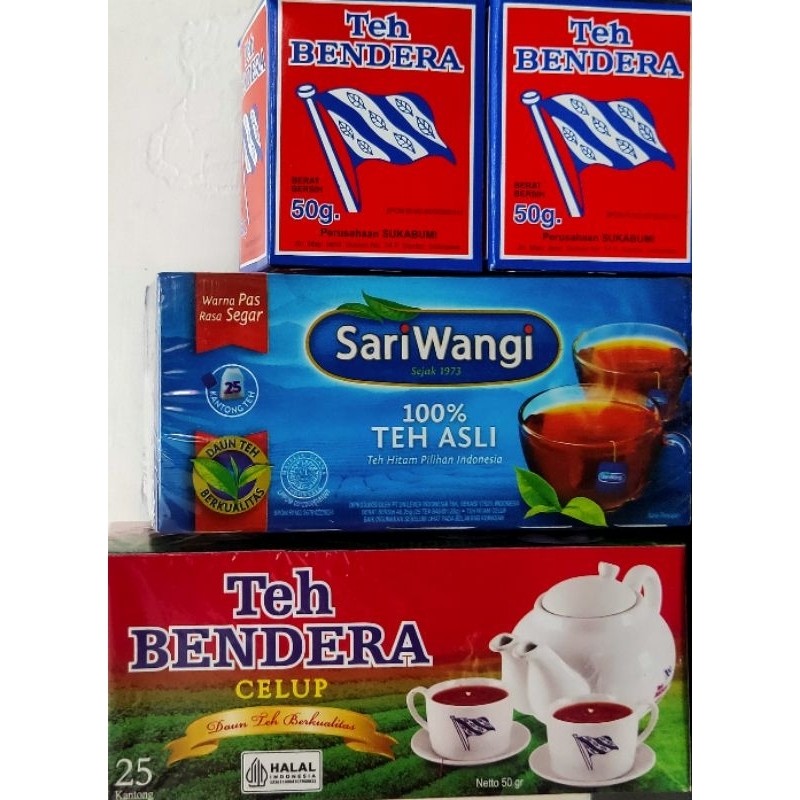 

teh bendera bubuk, teh bendera celup, teh kantong sariwangi celup.