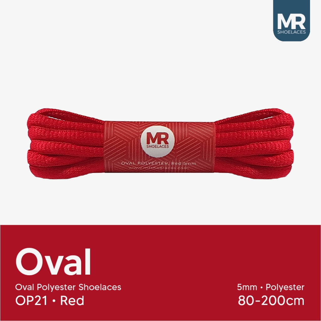 MR Shoelaces OP21 Merah (Red) Tali Sepatu Polyester Oval 5mm - Panjang Tali 80cm 90cm 100cm 120cm 13