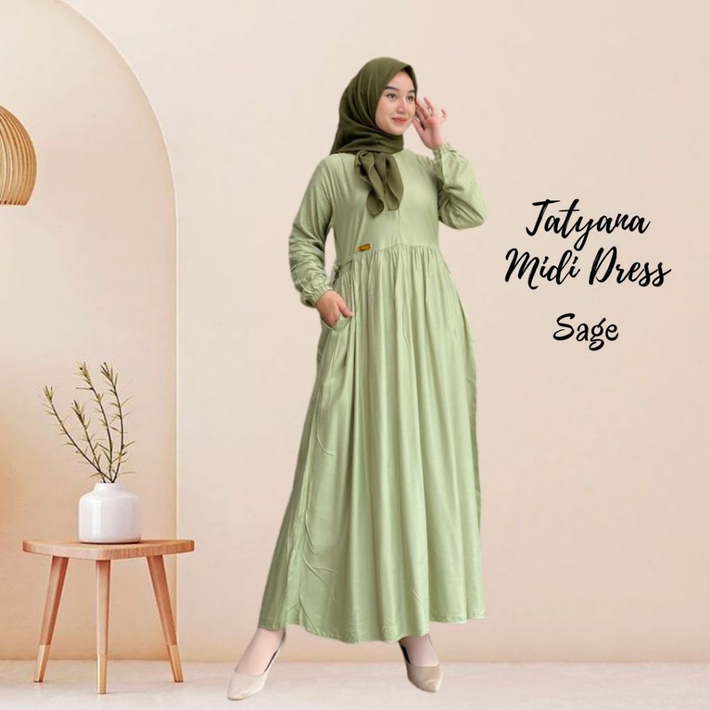 Tatyana Midi Dress Katun Rayon Twill Premium Polos LD 100 110 120 JUMBO Gamis Wanita Busui Friendly
