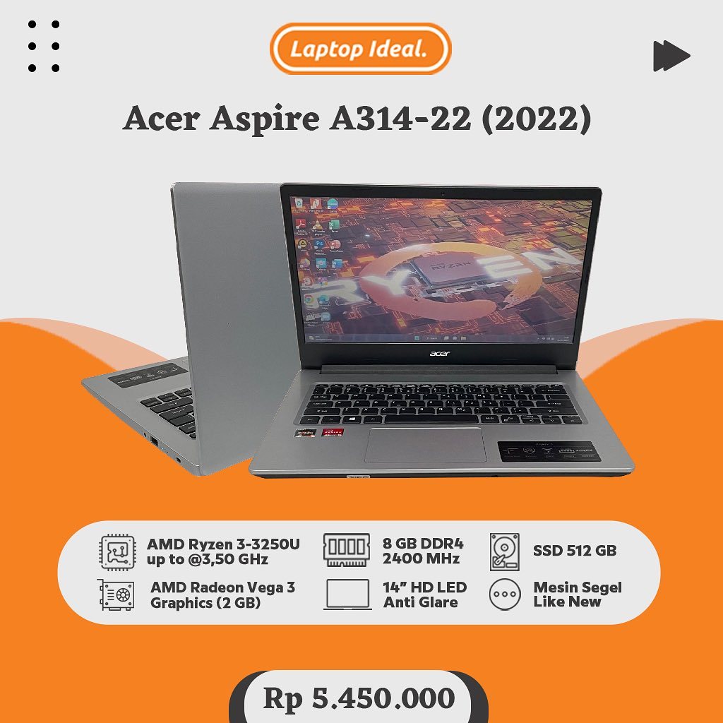 Acer Aspire A314-22 (2022) SLIM Ryzen 3 RAM 8 GB SSD 512 GB RADEON 2 GB FULL HD SEGEL MULUS
