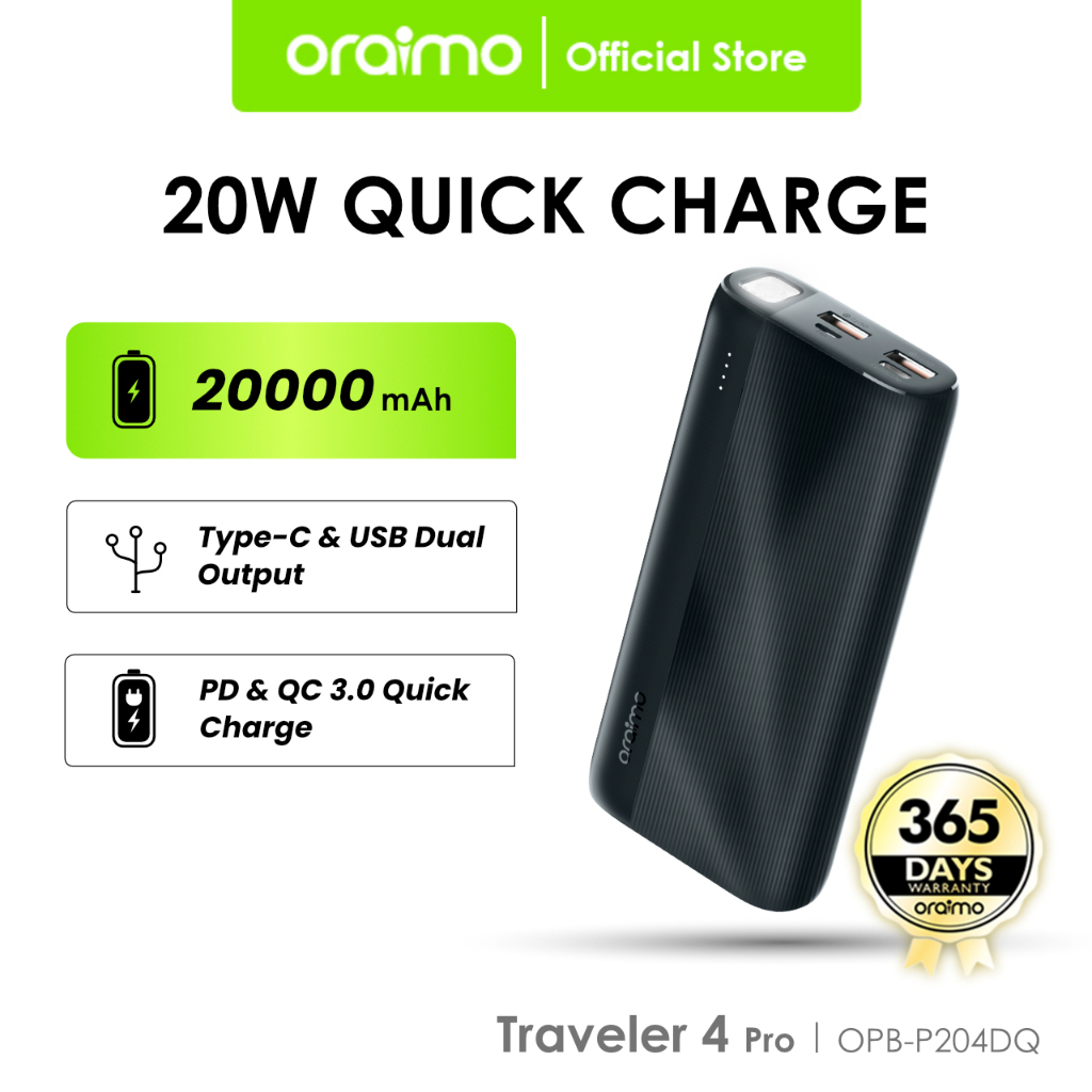 Power Bank Oraimo OPB-P204D Real Capacity 20000 MAH Quick Charger LED USB Triple Output