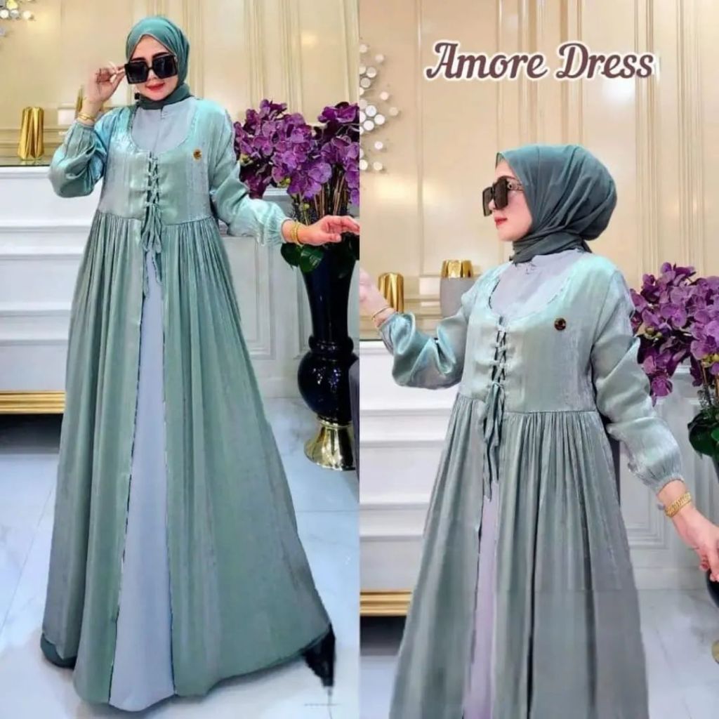 Amore Dress Gamis Shimmer Premium dress Kondangan Polos fashion wanita terbaru 2024