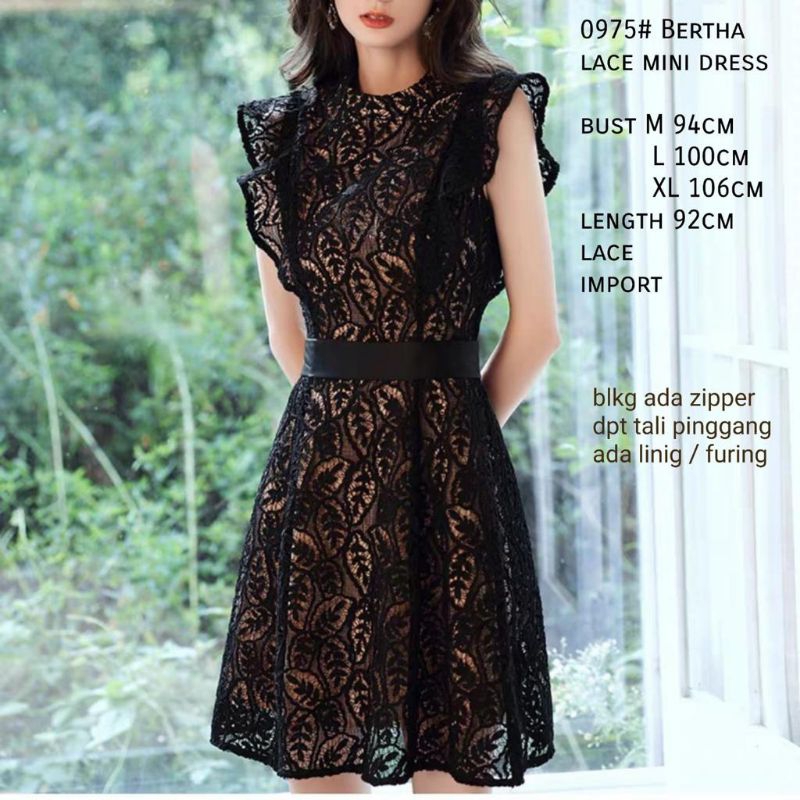 0975 Baju minidress BERTHA LACE BROKAT MINI DRESS lengan pendek dres brukat Korea Korean style wanit