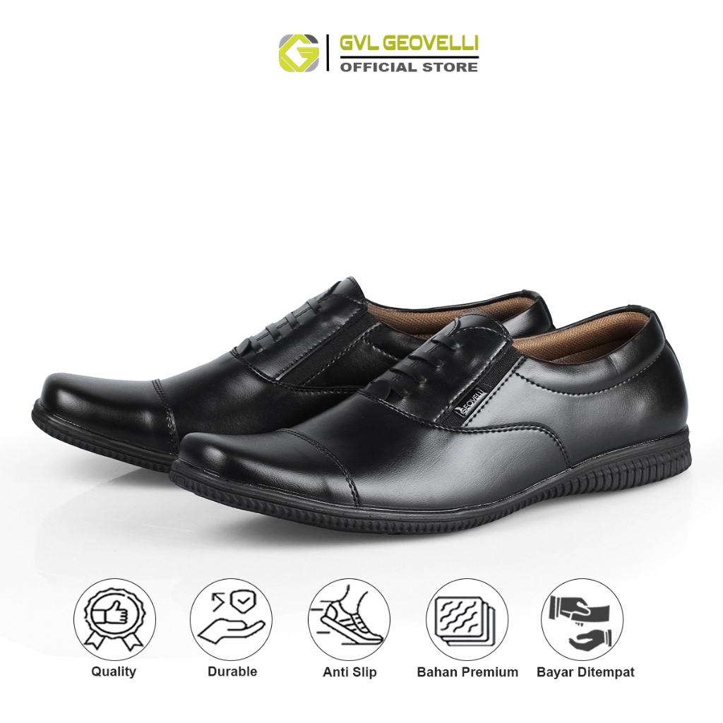 PROMO / BAHAN PREMIUM / GVL Geovelli G1942 Oxford Full Black - Sepatu Pantopel Kasual Kerja Kantor