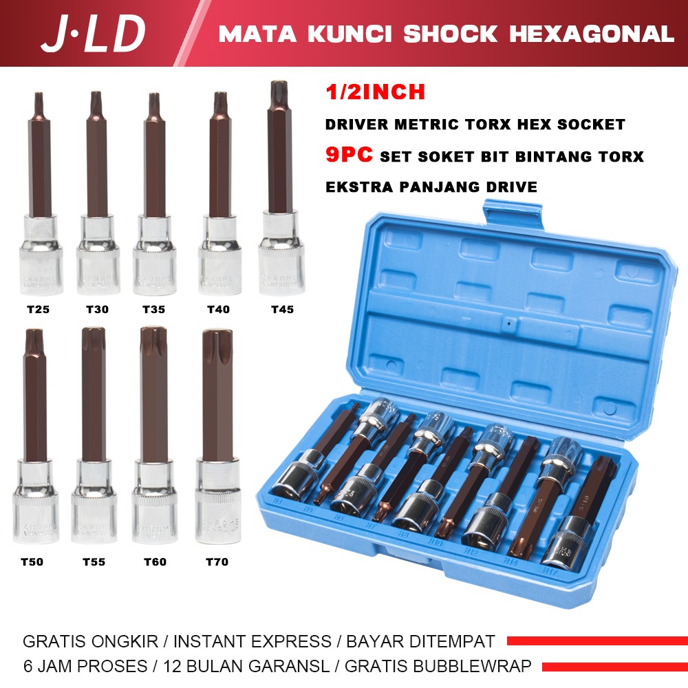 JLD 1/2" Mata Kunci Shock Star Bit 9PC Drive Extra Long Torx Star Bit Socket Set  Mata Socket Impact