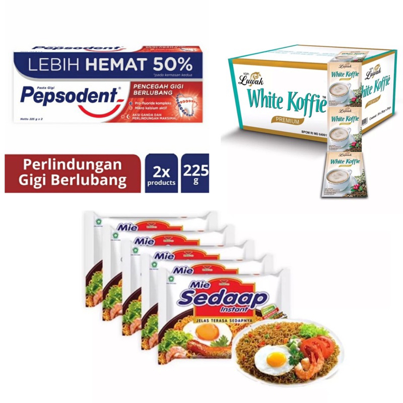 

PAKET HEMAT ( Mie Sedaap Goreng 5PCS + Luwak White Koffie 10PCS + PEPSODENT DOBLE )