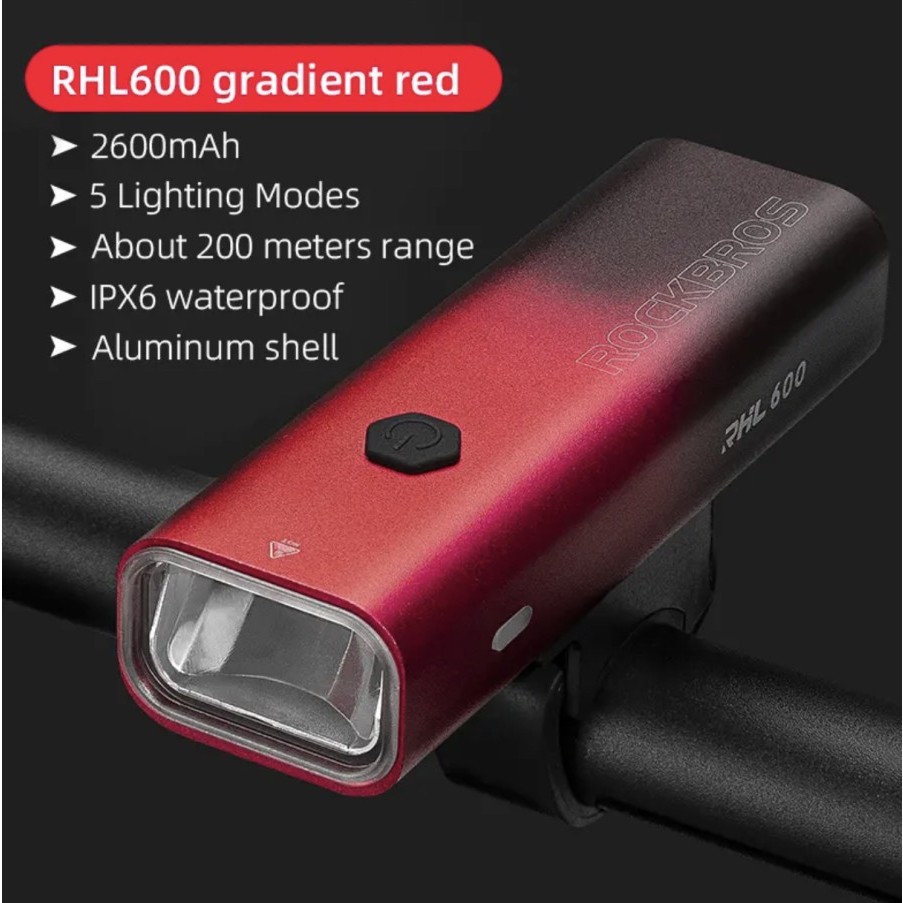 Lampu Depan Sepeda Rockbros RHL600 Senter Charge USB 2600 Mah Anti Air Bicycle Headlight Rechargeable 600 Lumen Waterproof