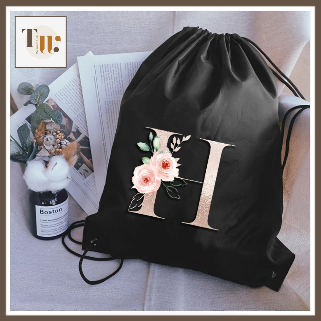 [TAS MURAH] Tas Serut Hitam Gambar Huruf H L M G Warna  Tas Serut Unisex Kapasitas Besar TasWanitaEE