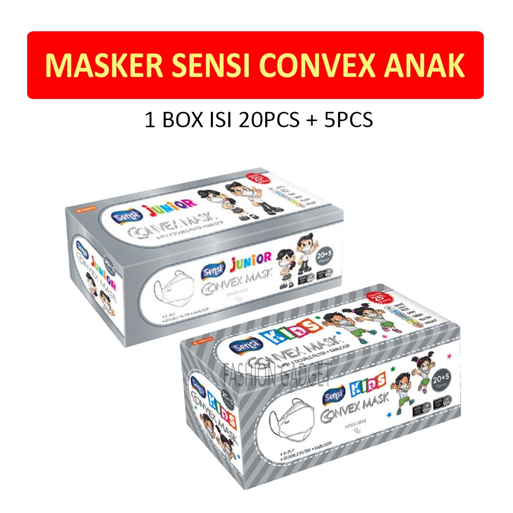 Masker Sensi Convex Junior Kids Mask 5 Ply Earloop Isi 20 Pcs + 5 Pcs / Masker KF94 Anak / Masker An