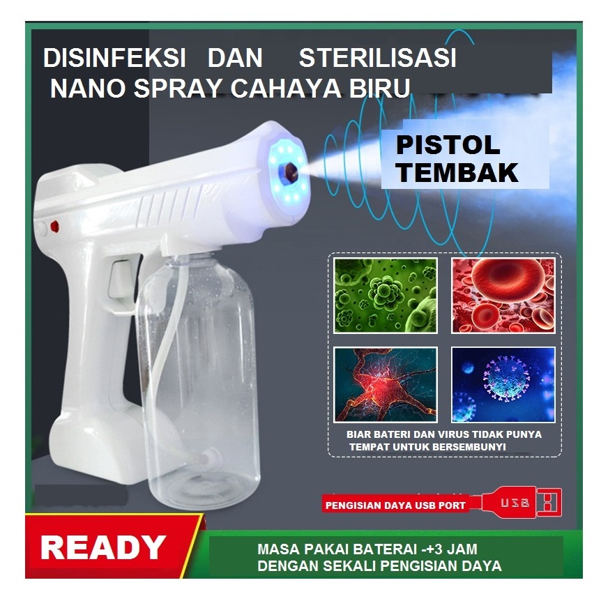 2023 PELENGKAPAN NANO SPRAY GUN WIRELESS PORTABLE DISINFECTANT ISI 800ML BLUE LIGHT SINAR UV STERILI